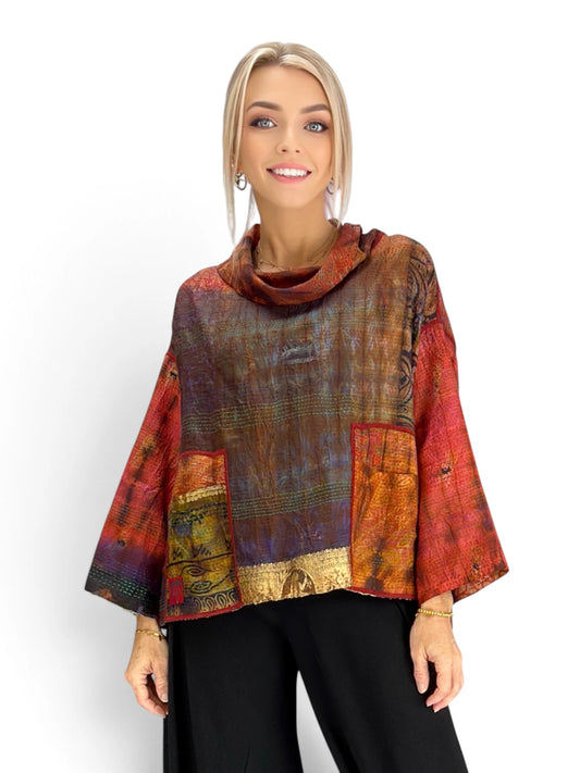 Mieko Mintz- Tie Dye Vintage Silk Kantha Cowl Pullover