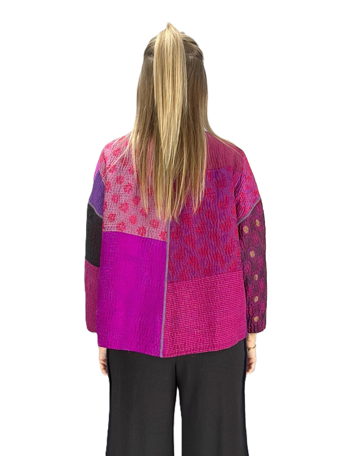 Mieko Mintz- Amethyst Cotton Silk Kantha Stand Collar Cropped Jacket