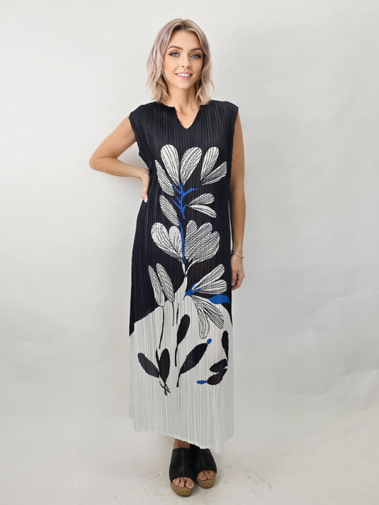 Mia Collection- Flower Print Pleated  Dress