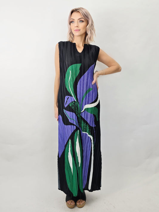 Mia Collection-  Pleated  Dress with multi print