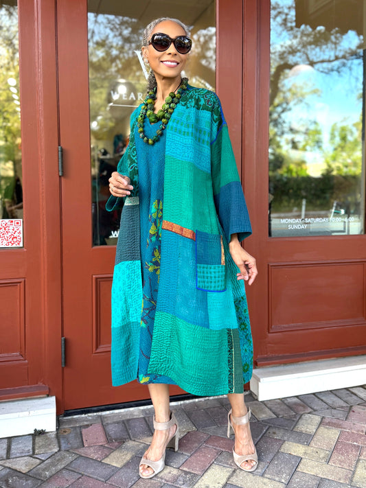 Mieko Mintz- COTTON SILK SW PATCH KANTHA LONG DUSTER