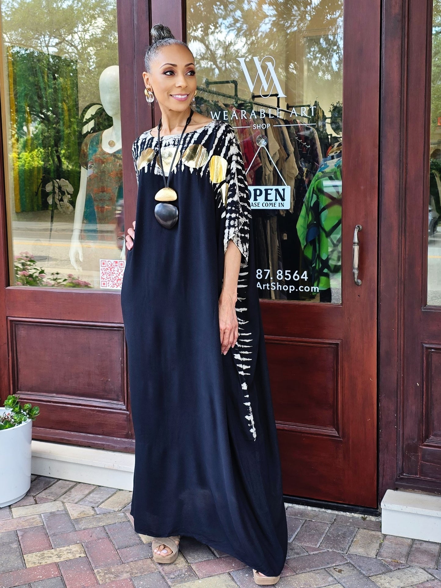 Sylca Designs - Black Caftan With Gold Polka Dot Accents