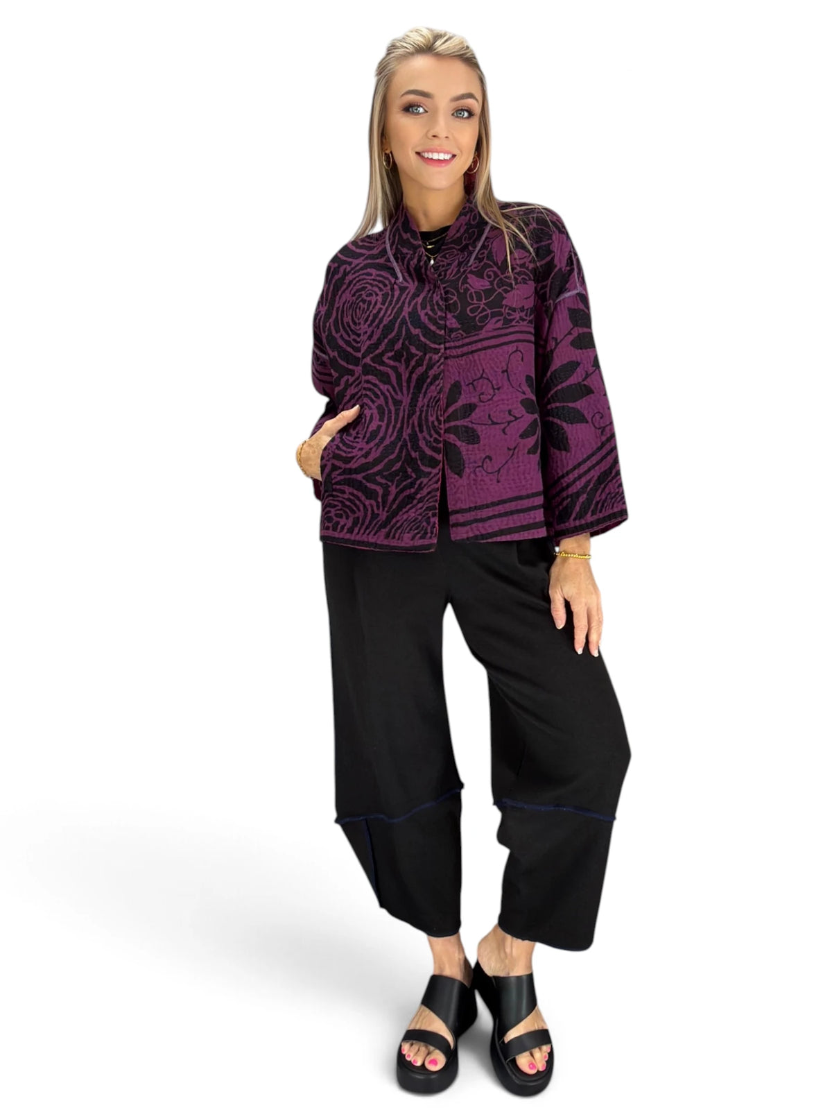 Mieko Mintz- Amethyst Cotton Silk Kantha Stand Collar Cropped Jacket