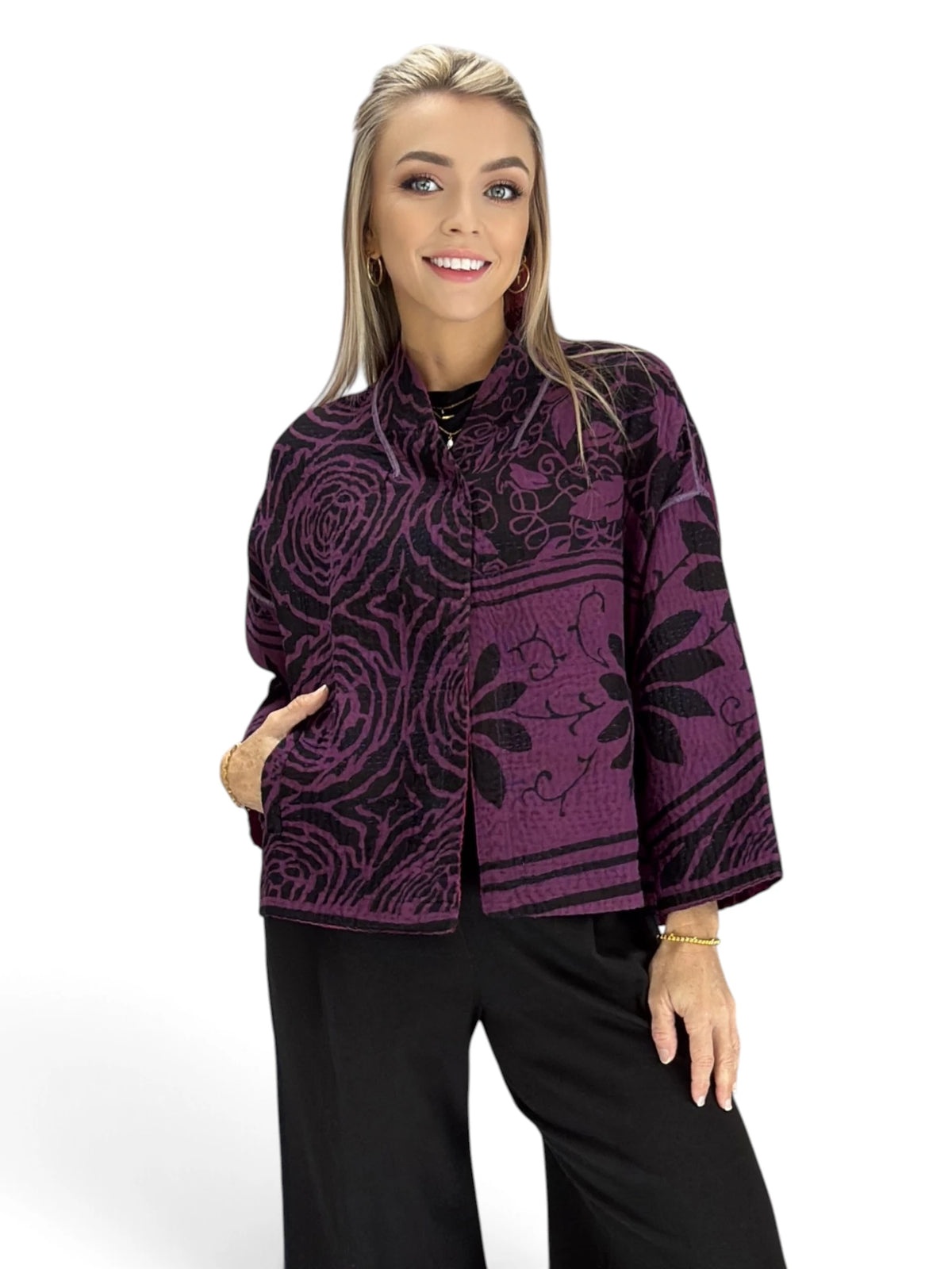 Mieko Mintz- Amethyst Cotton Silk Kantha Stand Collar Cropped Jacket