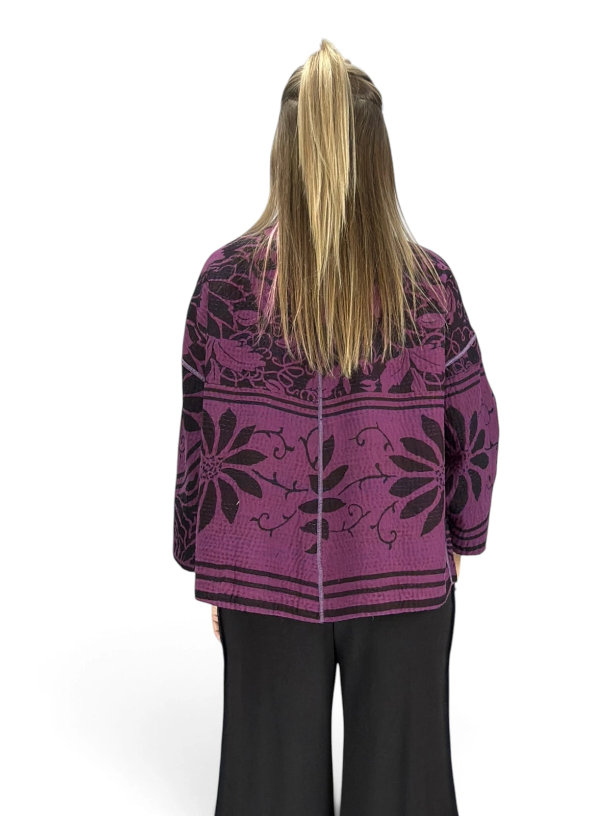 Mieko Mintz- Amethyst Cotton Silk Kantha Stand Collar Cropped Jacket