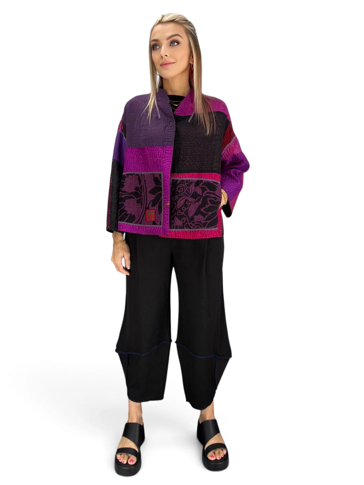 Mieko Mintz- Amethyst Cotton Silk Kantha Stand Collar Cropped Jacket