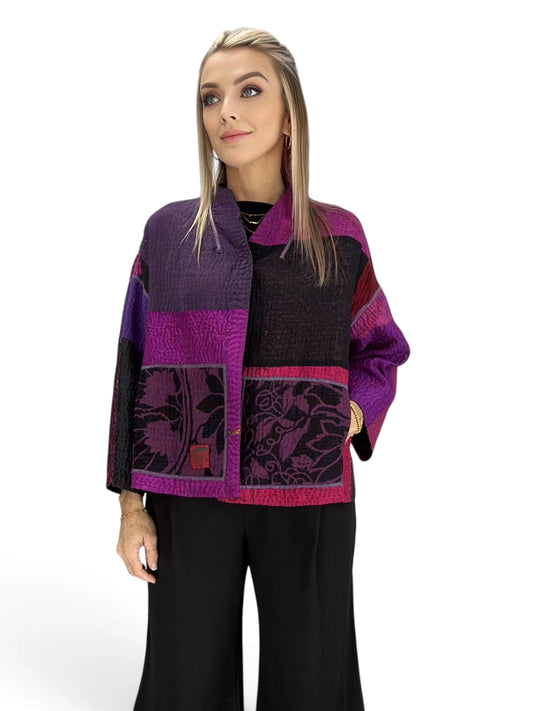 Mieko Mintz- Amethyst Cotton Silk Kantha Stand Collar Cropped Jacket