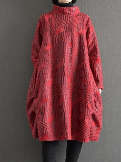 Raksa- Geo-Textured Mock Neck Tunic Dress – Red