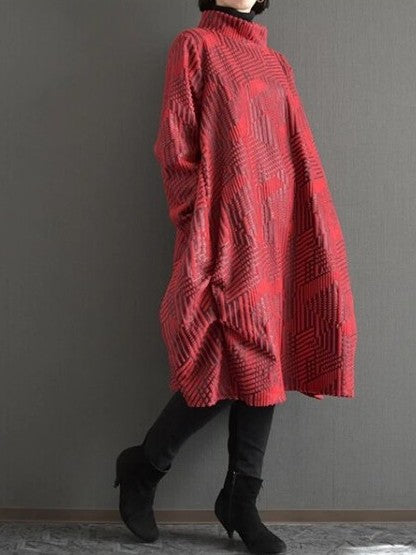 Raksa- Geo-Textured Mock Neck Tunic Dress – Red