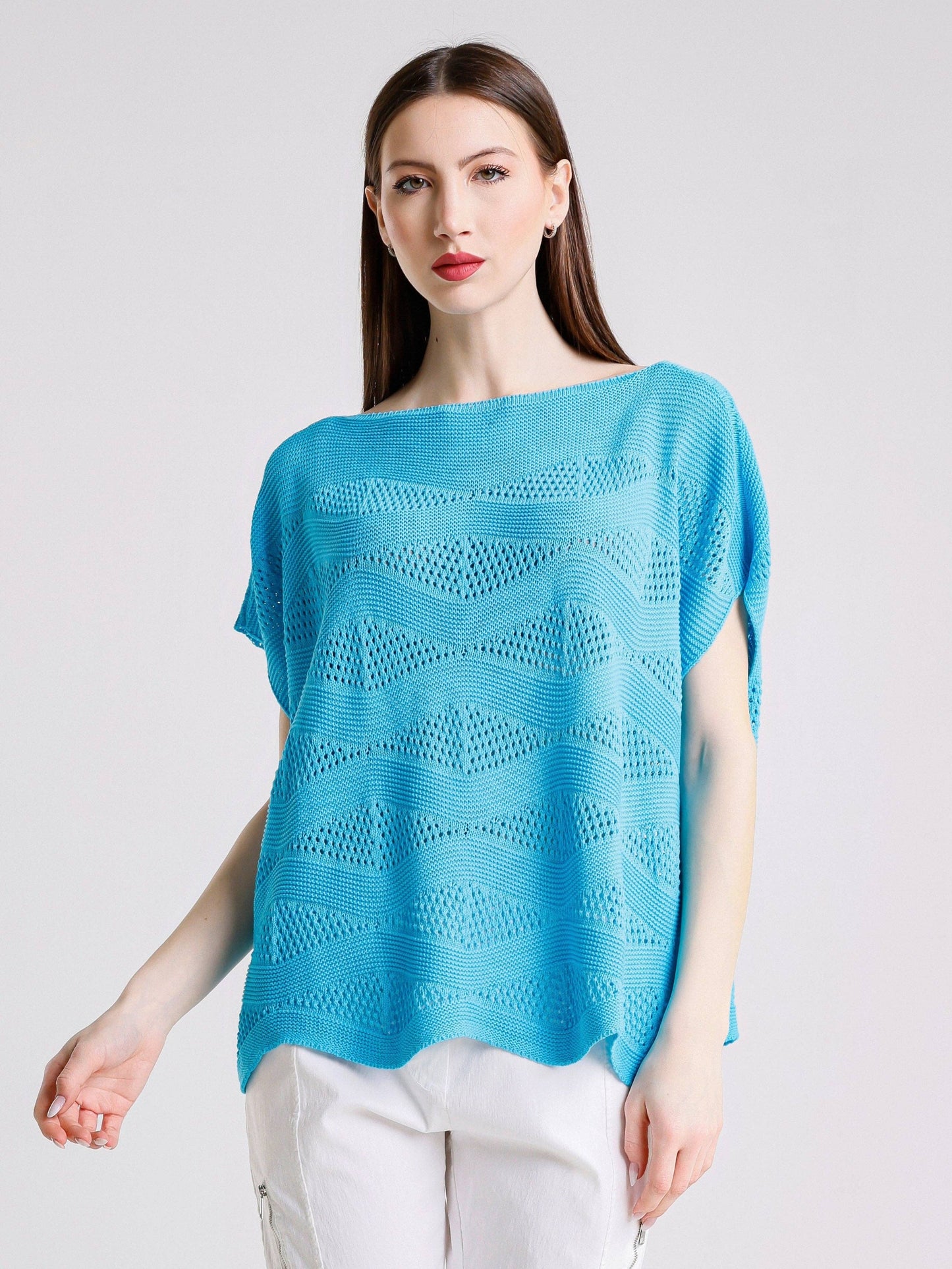 TINA Stephens  - Patsy SS Wave Knit Sweater/ Turq