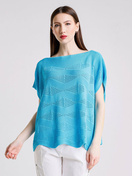 TINA Stephens  - Patsy SS Wave Knit Sweater/ Turq