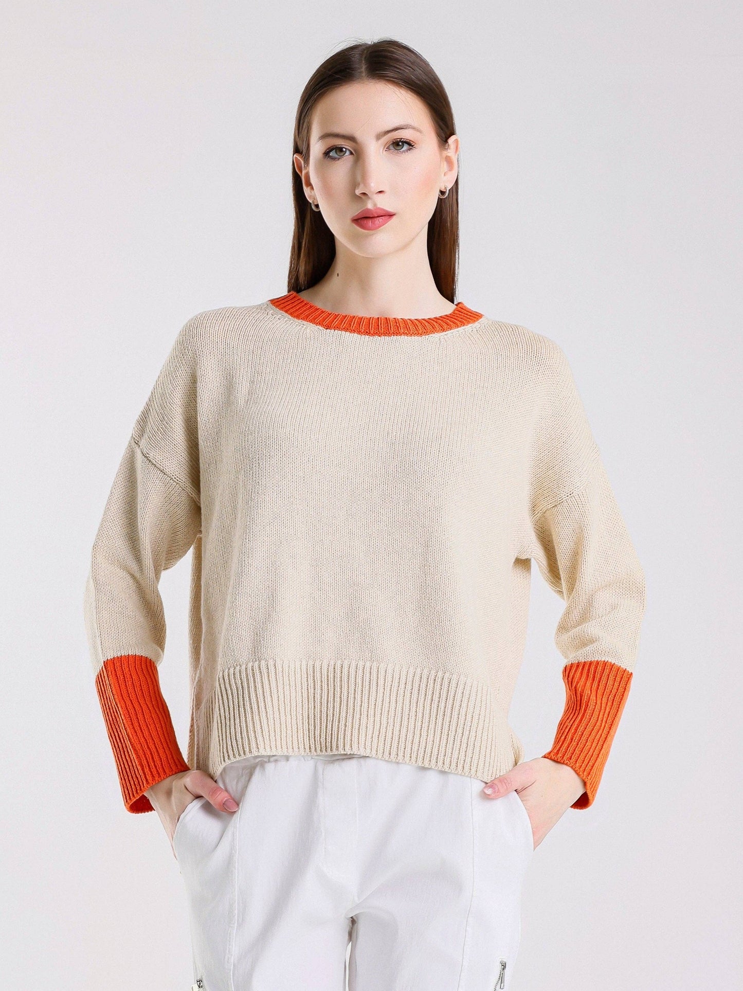 TINA Stephens - Lisbeth Contrast Neck Hi/Low Sweater