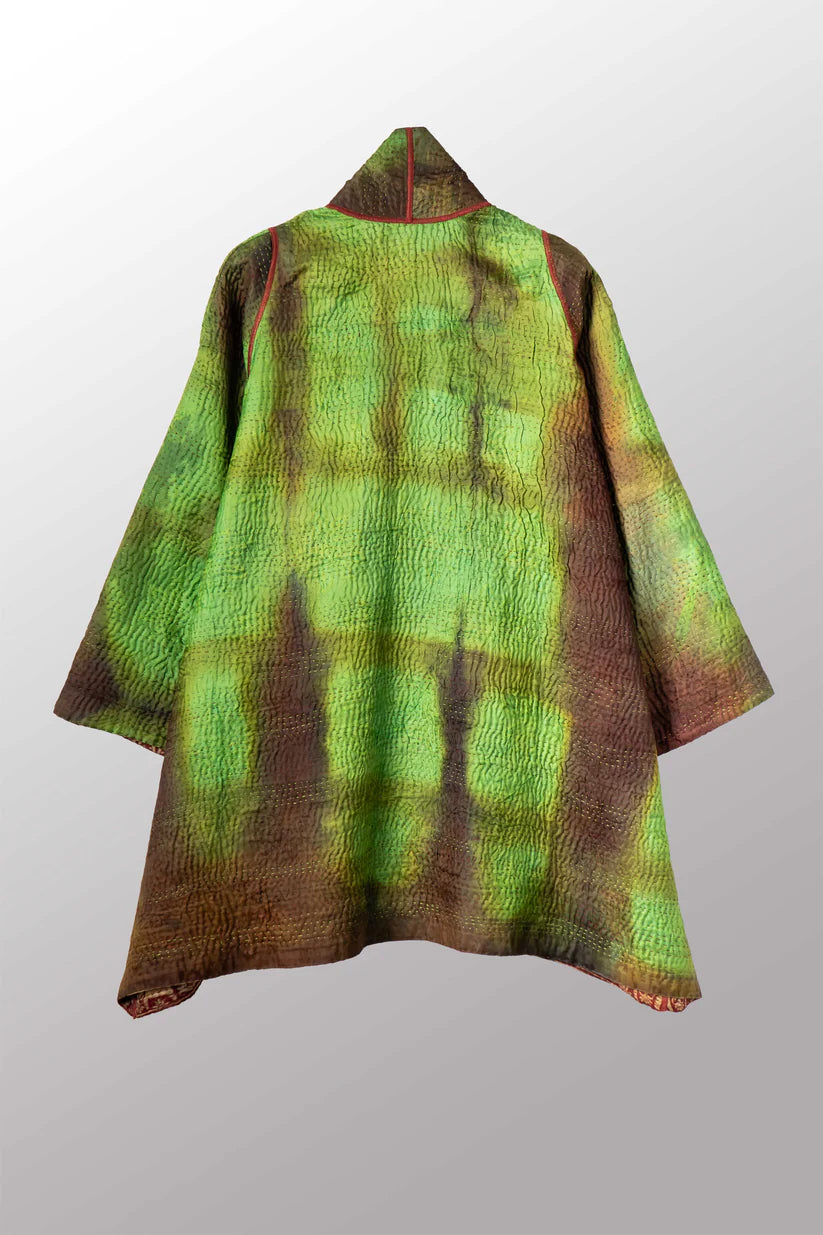 Mieko Mintz- VINTAGE JACQUARD CLAMP DYE WITH PRINTED SILK KANTHA A-LINE JACKET