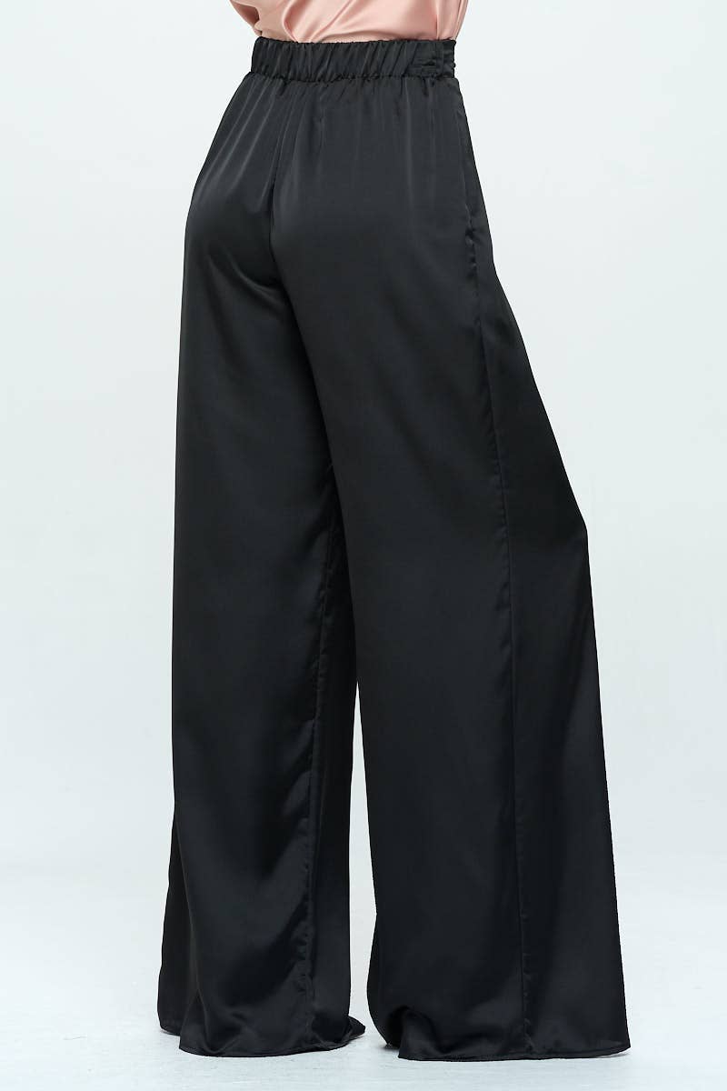 Renee C-Stretch Satin Pants w/ Elastic Waist and Pockets