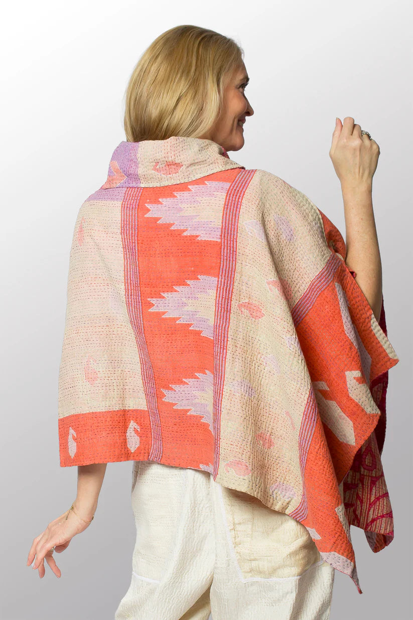 Mieko Mintz- VINTAGE COTTON KANTHA COWL NECK LONG CAPE