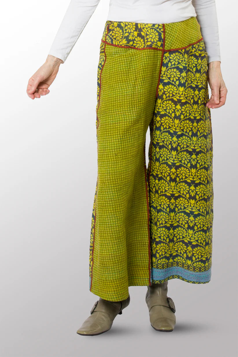 Mieko Mintz- VINTAGE COTTON KANTHA MID RISE WIDE LEG PANTS