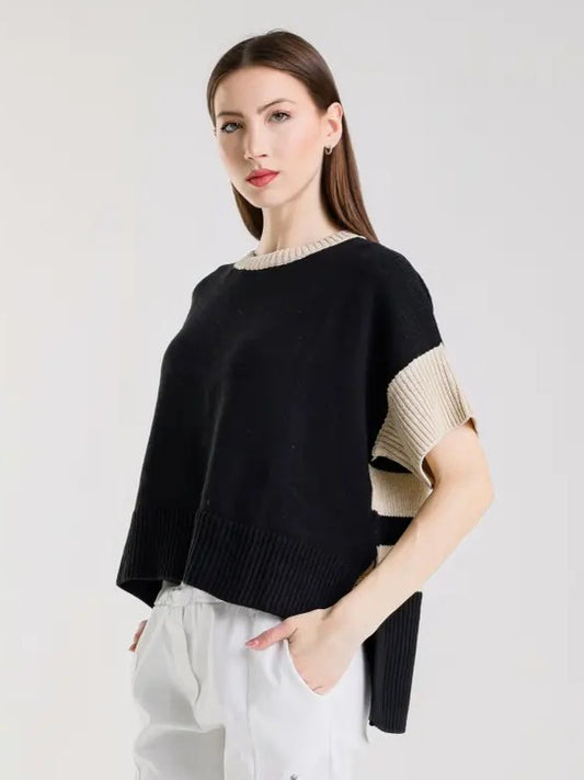 TINA Stephens - Mare Striped High/Low Sweater/Black/Beige