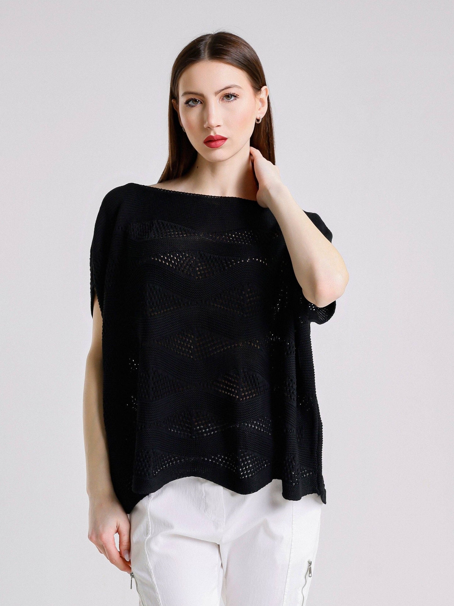 TINA Stephens - Patsy SS Wave Knit Sweater/ Black