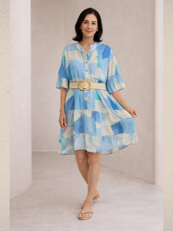 LOOWIE - Blue Abstract Tiered  Dress