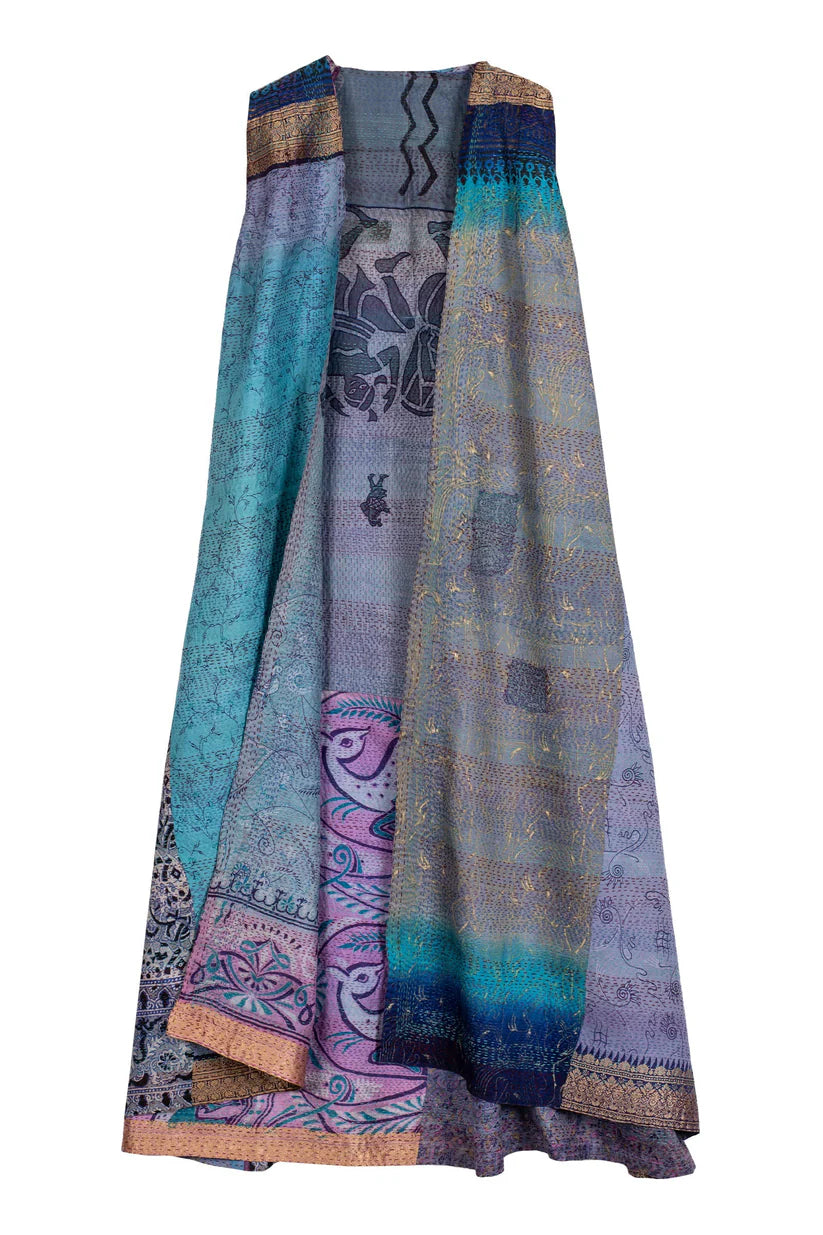 Mieko Mintz- VINTAGE SILK KANTHA BACK PLEATED VEST MAXI