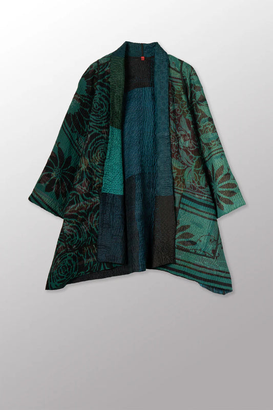 Mieko Mintz- EMERALD GREEN KANTHA A-LINE JACKET