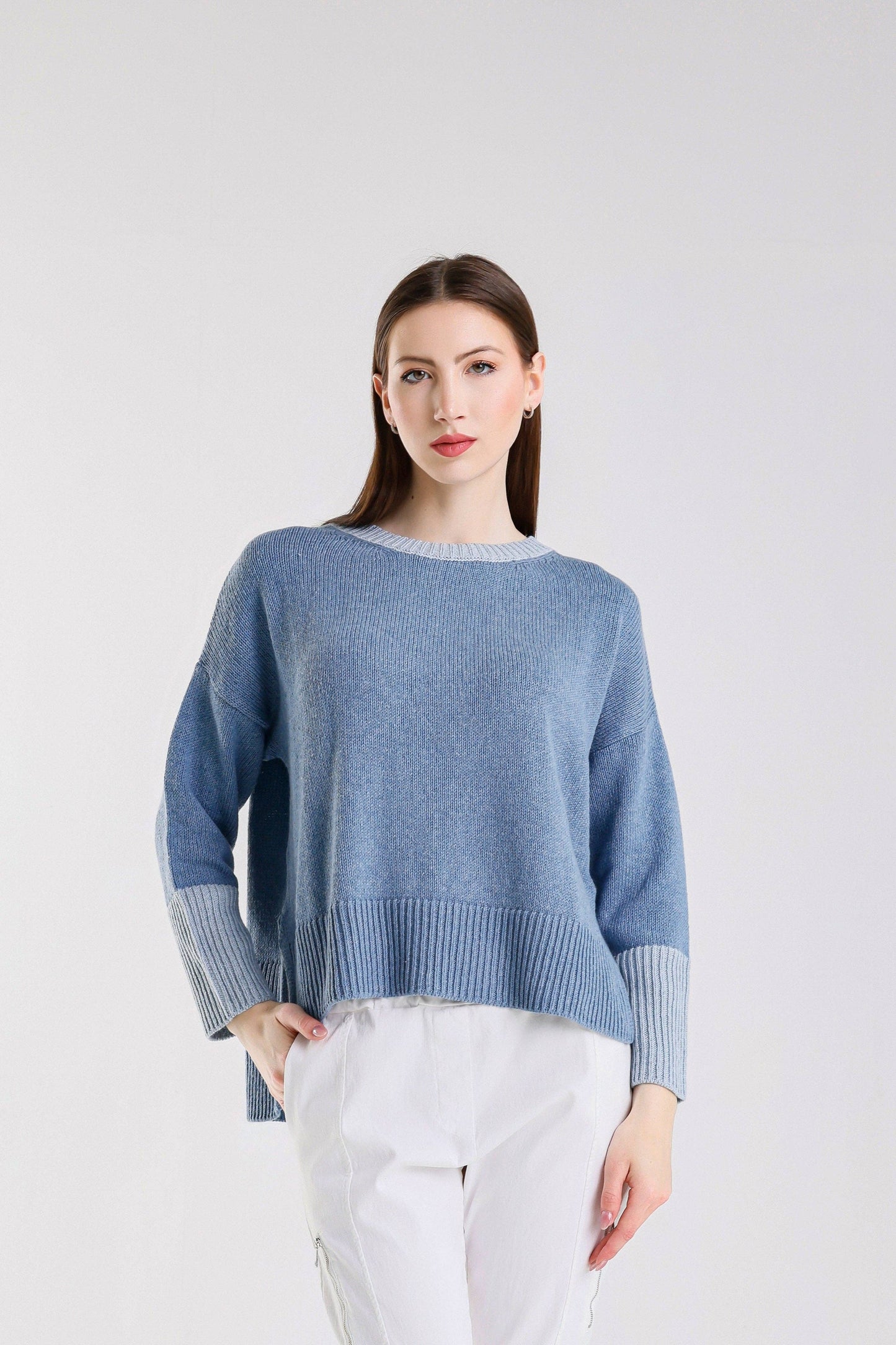 TINA Stephens - Lisbeth Contrast Neck Hi/Low Sweater