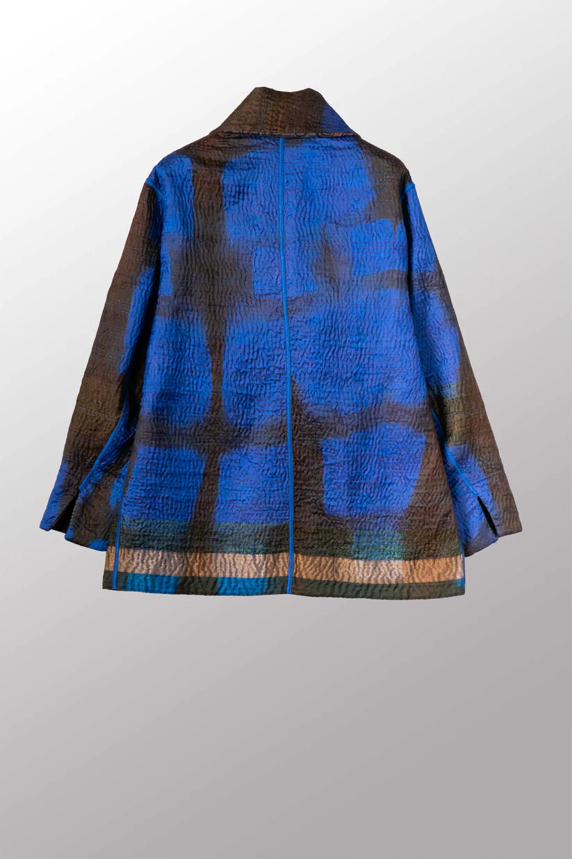 Mieko Mintz- VINTAGE JACQUARD CLAMP DYE WITH PRINTED SILK KANTHA PEA COAT