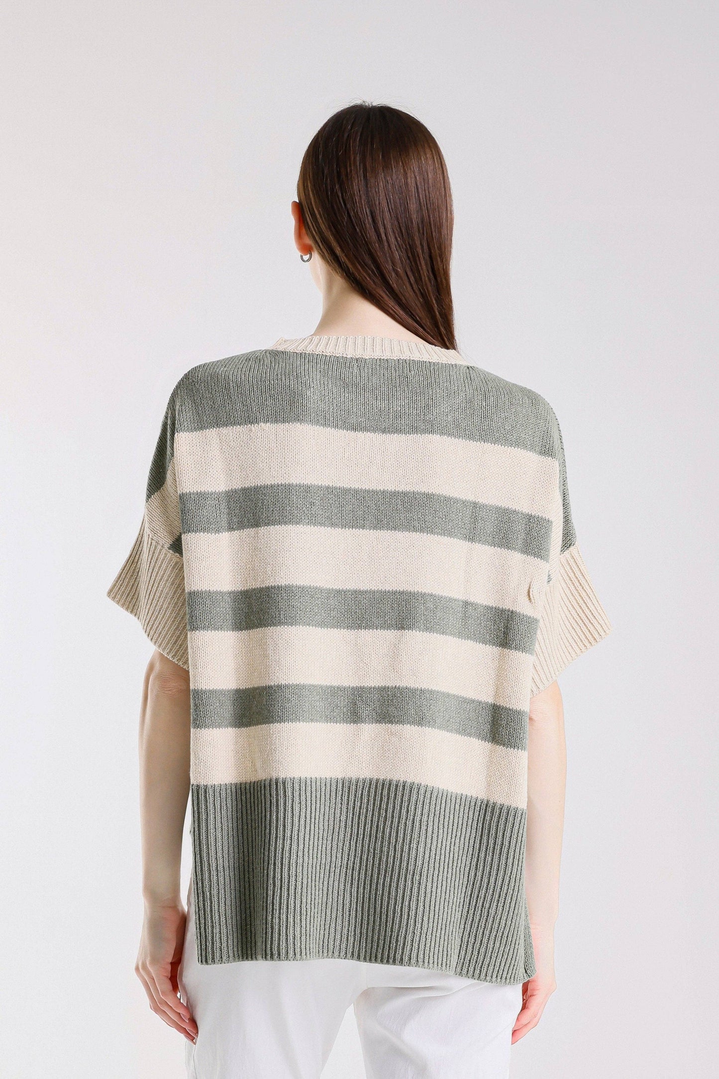 TINA Stephens - Mare Striped High/Low Sweater/Army/Beige