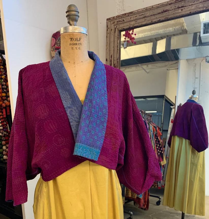 Mieko Mintz- VINTAGE SILK GEORGETTE COTTON KANTHA PUFF SLV. SHRUG