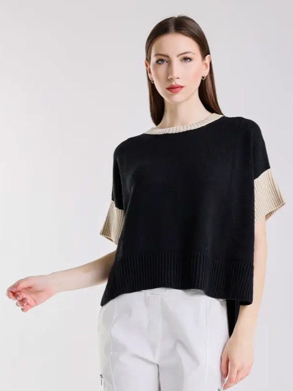 TINA Stephens - Mare Striped High/Low Sweater/Black/Beige