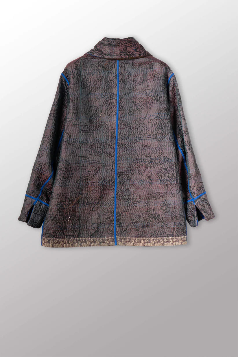 Mieko Mintz- VINTAGE JACQUARD CLAMP DYE WITH PRINTED SILK KANTHA PEA COAT