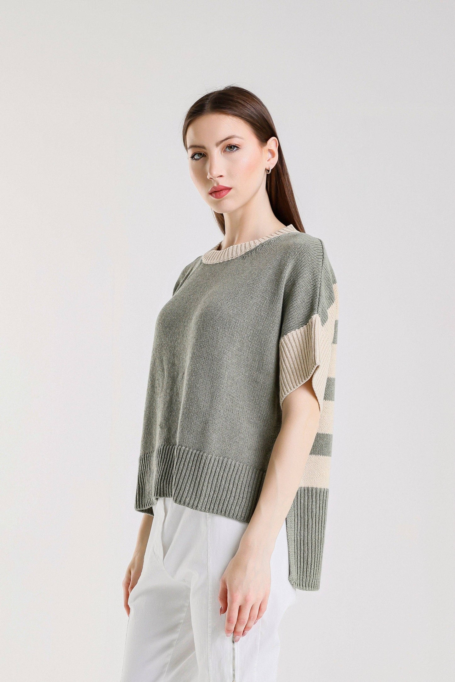 TINA Stephens - Mare Striped High/Low Sweater/Army/Beige