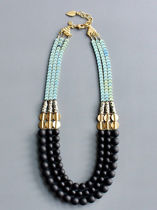 David Aubrey Jewelry - Jet Glass and Hematite Triple strand Necklace