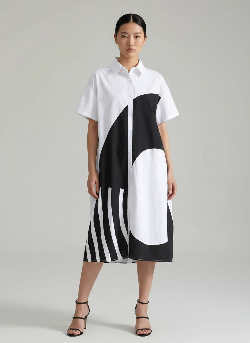 Mia Collection- Graphic Contrast Shirt Dress/ White