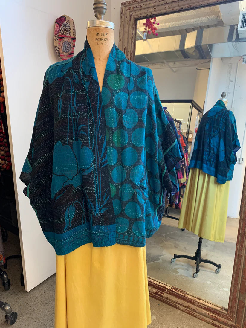 Mieko Mintz- VINTAGE SILK GEORGETTE COTTON KANTHA MINI PONCHO