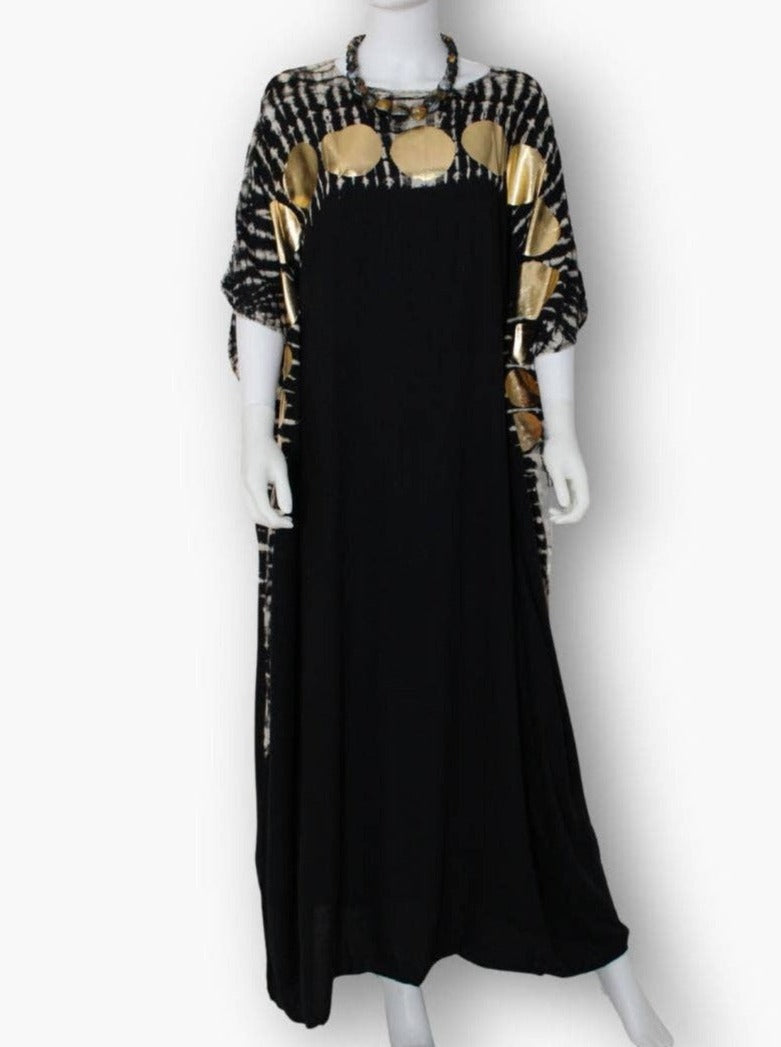 Sylca Designs - Black Caftan With Gold Polka Dot Accents