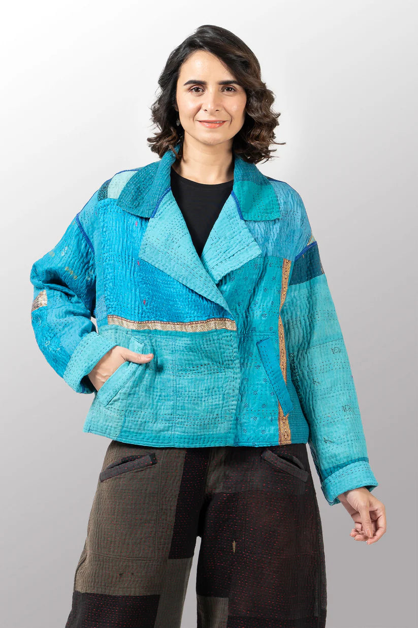 Mieko Mintz- COTTON SILK SW PATCH KANTHA LAPELED SHORT JKT