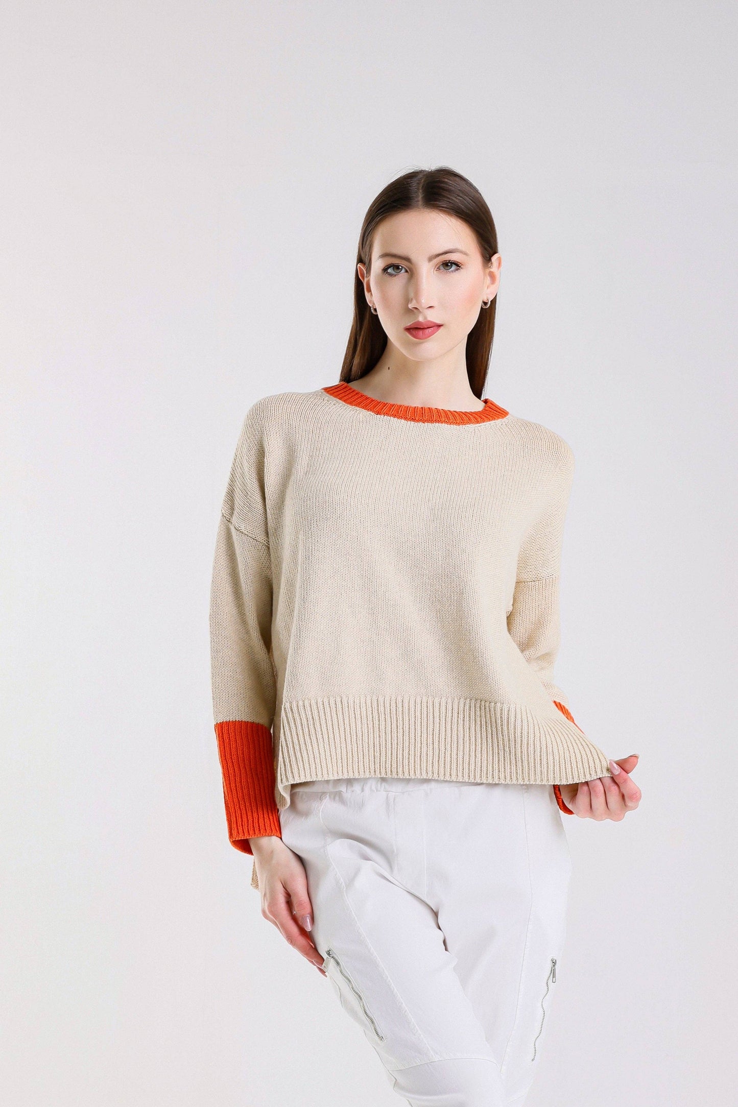 TINA Stephens - Lisbeth Contrast Neck Hi/Low Sweater