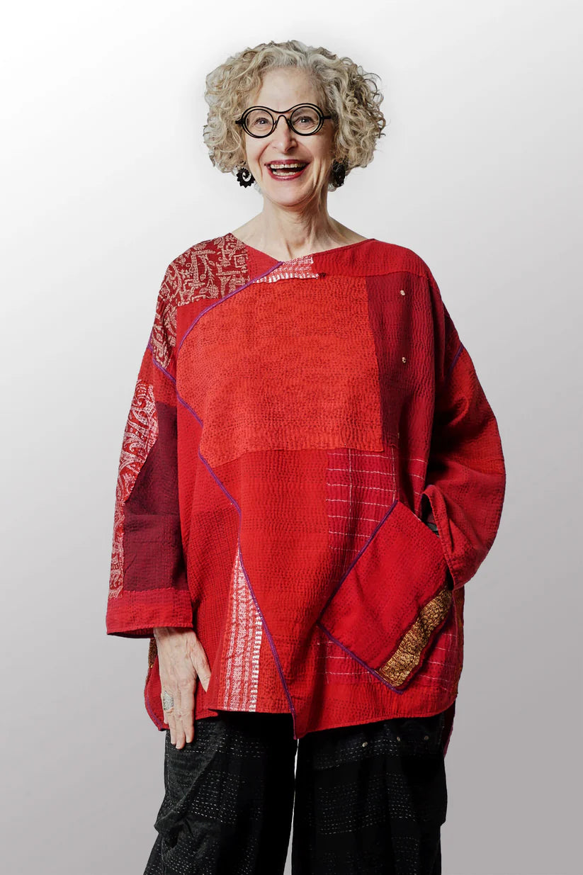 Mieko Mintz- FRAYED PATCH WITH BROCADE KANTHA OVERSIZED TUNIC