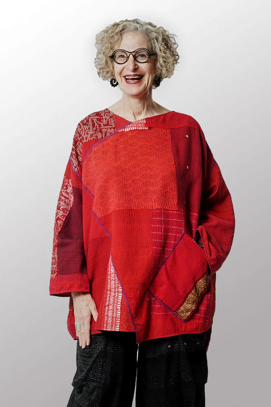 Mieko Mintz- FRAYED PATCH WITH BROCADE KANTHA OVERSIZED TUNIC