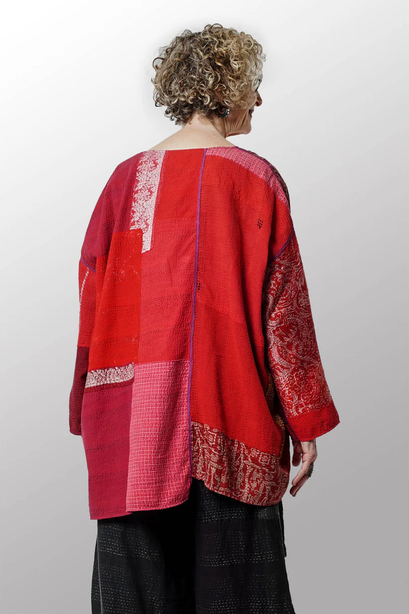 Mieko Mintz- FRAYED PATCH WITH BROCADE KANTHA OVERSIZED TUNIC