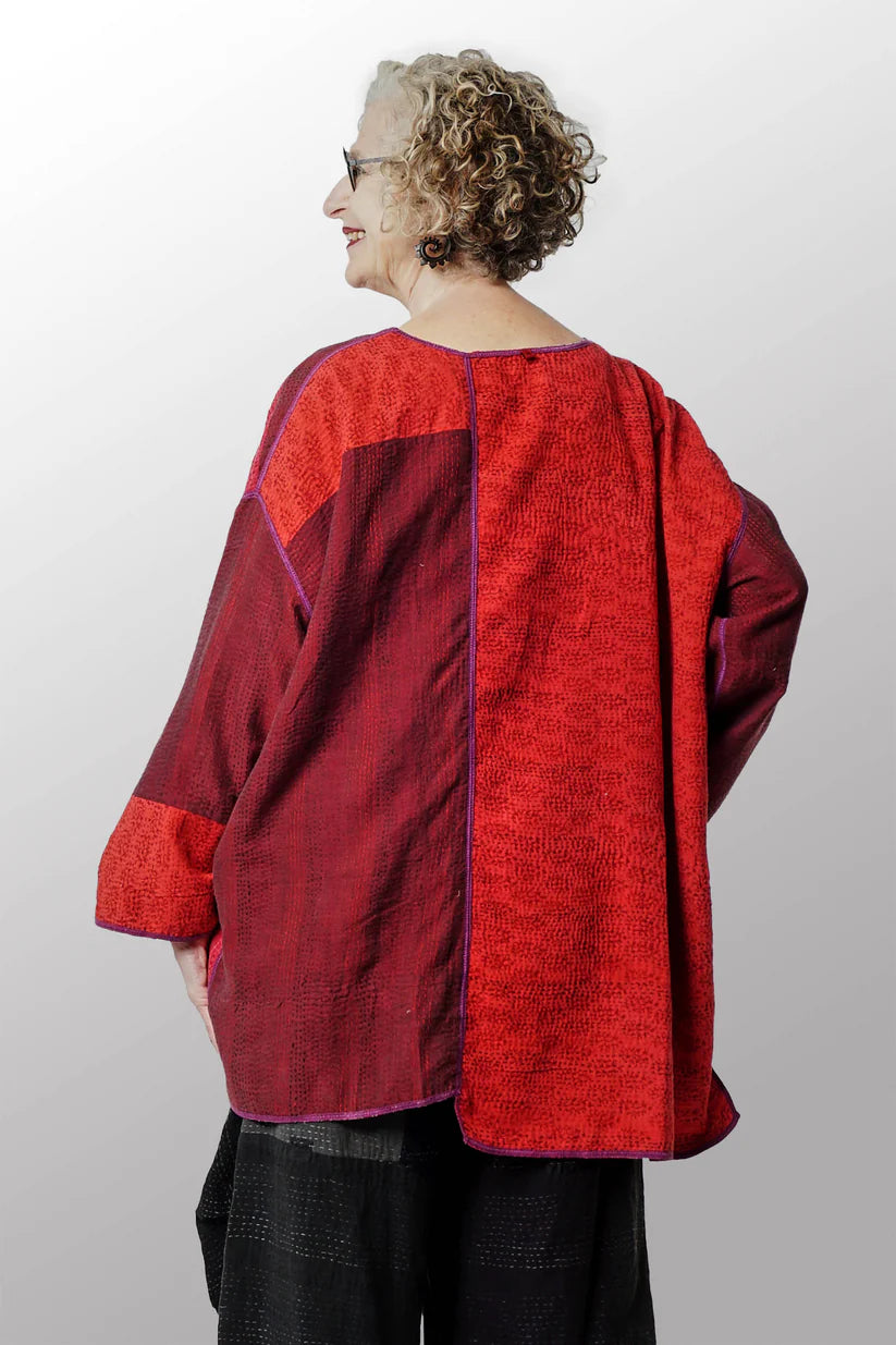 Mieko Mintz- FRAYED PATCH WITH BROCADE KANTHA OVERSIZED TUNIC