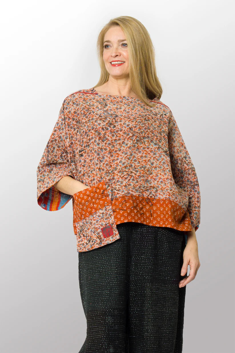 Mieko Mintz- Vintage Cotton Kantha 3/4 SLV. Crop Top Mio