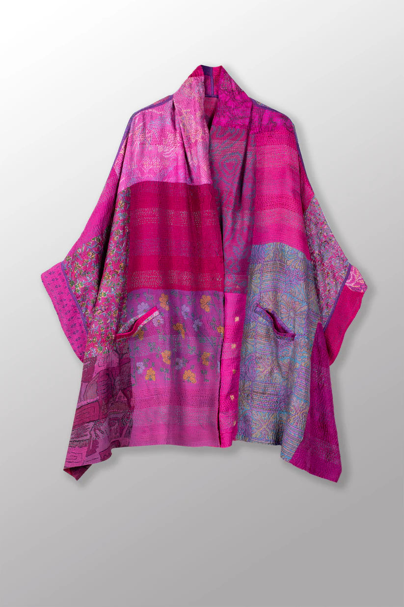 Mieko Mintz-GEORGETTE VINTAGE SILK PATCH KANTHA DOUBLE COLLAR PONCHO