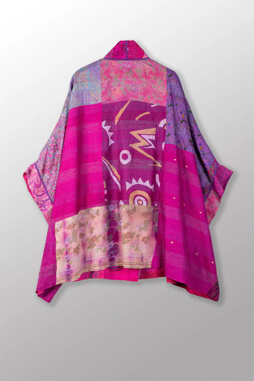 Mieko Mintz-GEORGETTE VINTAGE SILK PATCH KANTHA DOUBLE COLLAR PONCHO