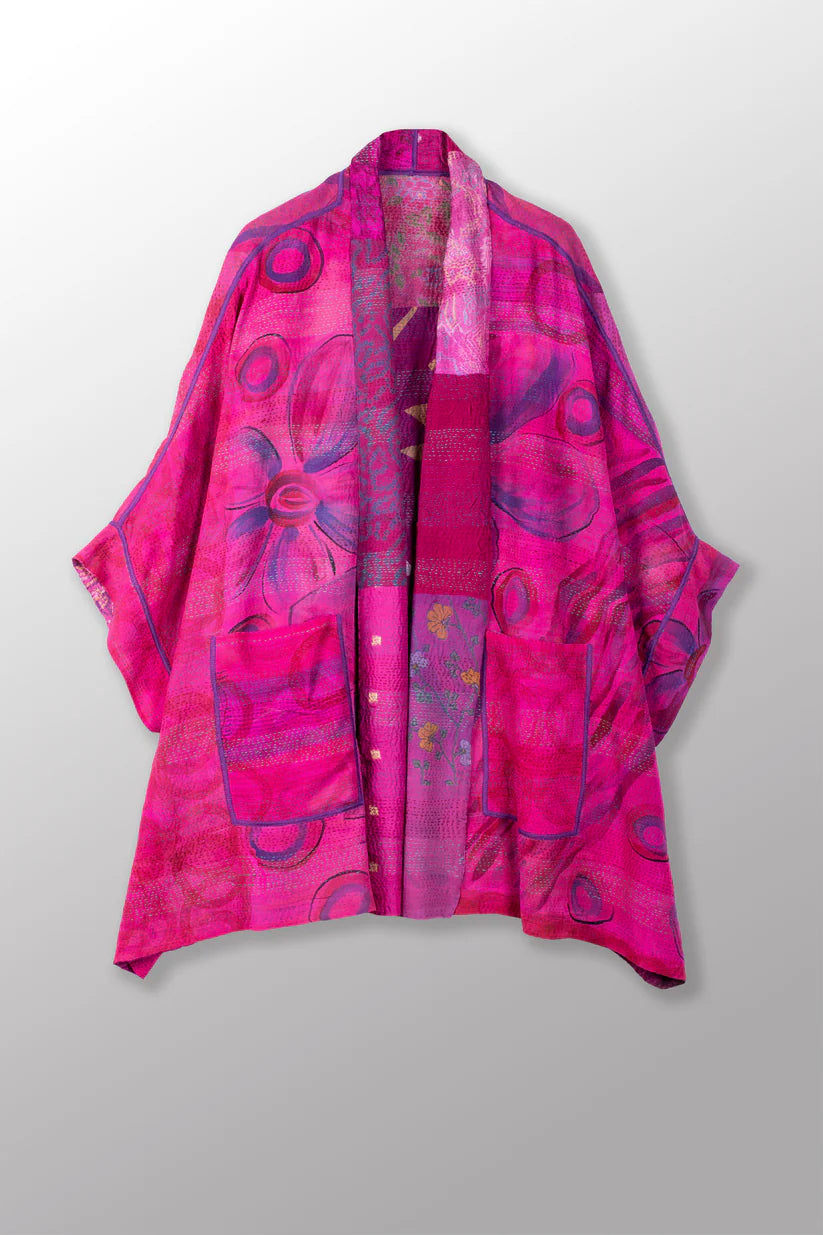 Mieko Mintz-GEORGETTE VINTAGE SILK PATCH KANTHA DOUBLE COLLAR PONCHO