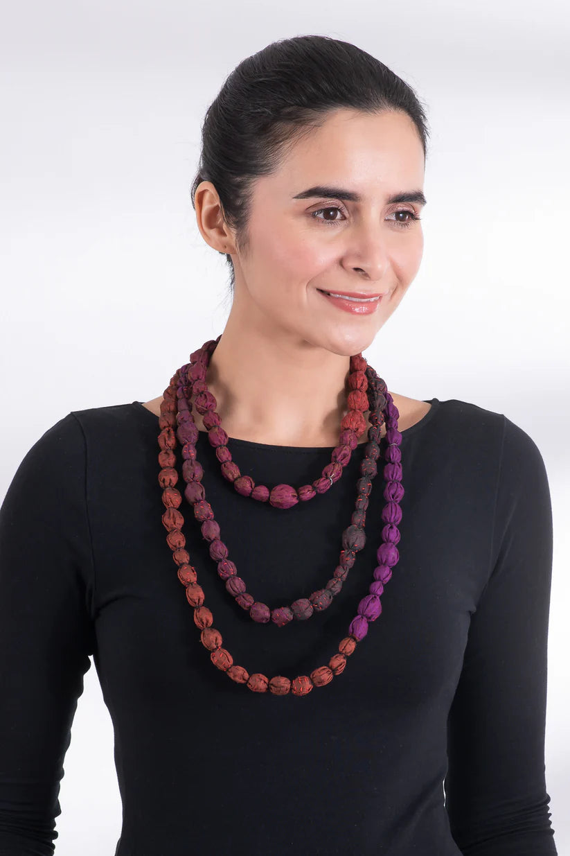 Mieko Mintz- JACQUARD SILK KANTHA TIE-BEADS LONG NECKLACE