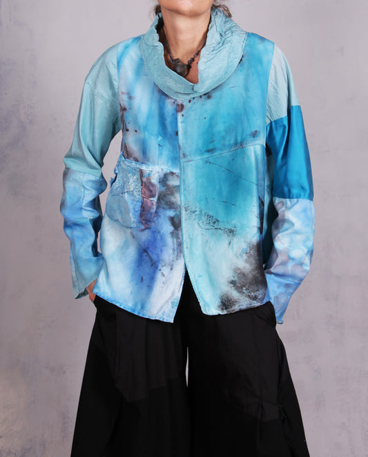 Tatiana Palnitska - Tru6/ Detailed Mixed Silks Aqua/Blue Top W/Pocket