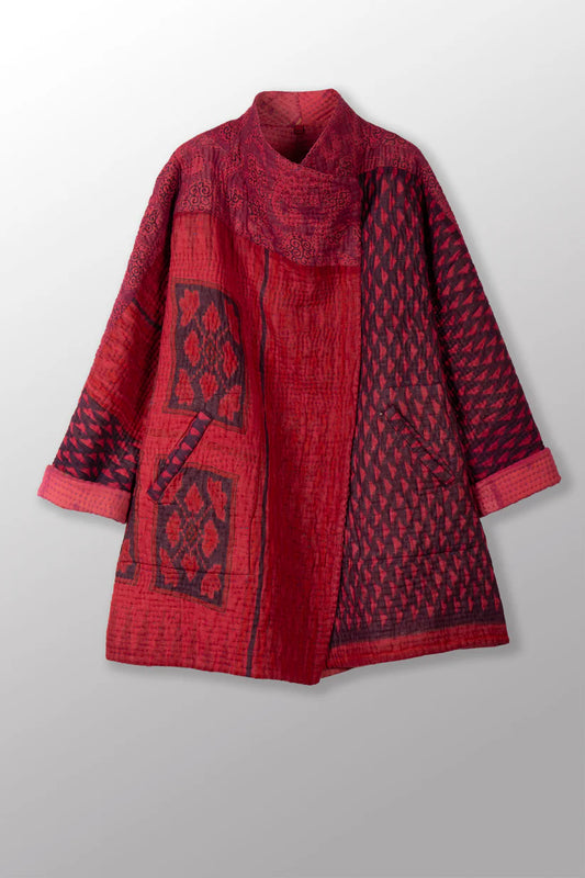 Mieko Mintz- QUILTED OVER DYE COTTON KANTHA FUNNEL COLLAR COAT