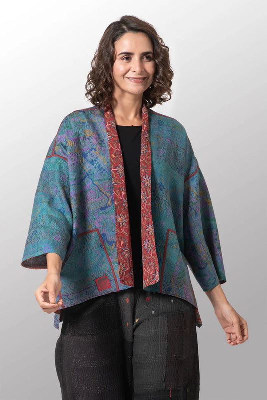 Mieko Mintz-VINTAGE SILK GEORGETTE KANTHA MINI KIMONO JACKET